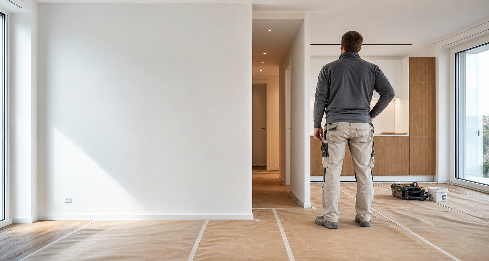 Heller renovierter Wohnraum mit vorbereiteten Arbeitsmaterialien